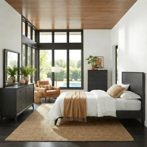 Century Modern King Platform Bed, Dresser & Mirror, Chest