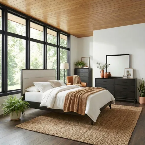 Century Modern King Uph Platform Bed, Dresser & Mirror, Chest