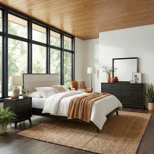 Century Modern King Uph Platform Bed, Dresser & Mirror, Night Stand