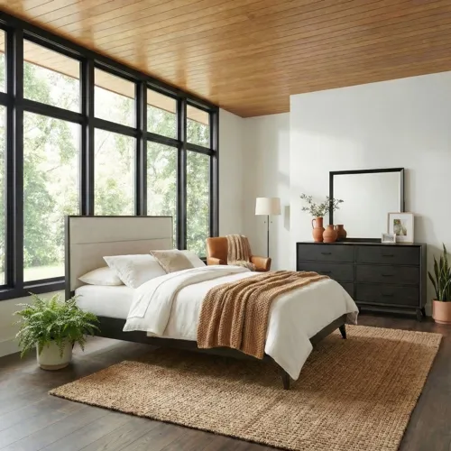 Century Modern Queen Uph Platform Bed, Dresser & Mirror