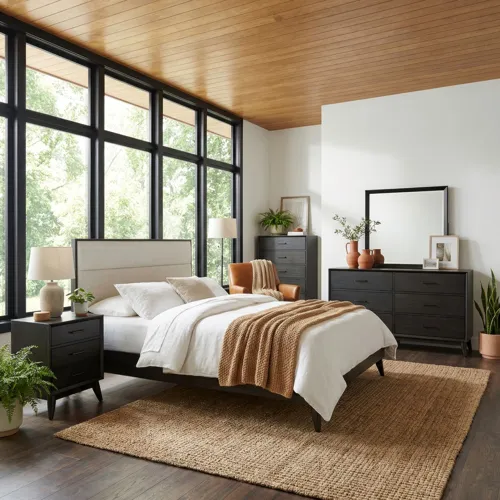 Century Modern Queen Uph Platform Bed, Dresser & Mirror, Chest, Night Stand