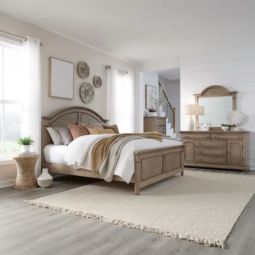Summer House Queen Panel Bed, Dresser & Mirror, Chest
