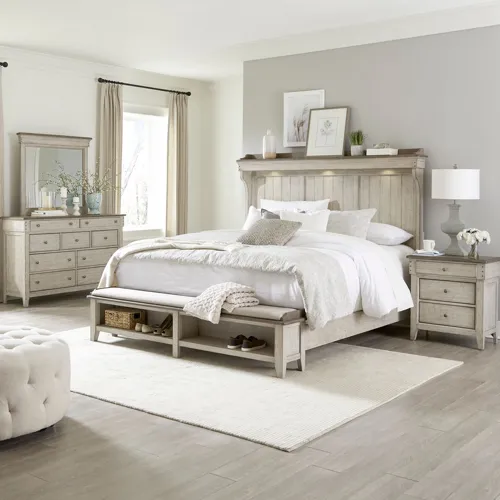 Ivy Hollow King California Mantle Storage Bed, Dresser & Mirror, Night Stand