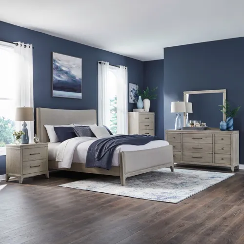 New Haven King California Uph Bed, Dresser & Mirror, Chest, Night Stand