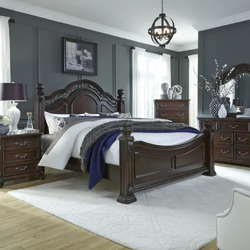 Messina Estates King Poster Bed, Dresser & Mirror, Chest, Night Stand