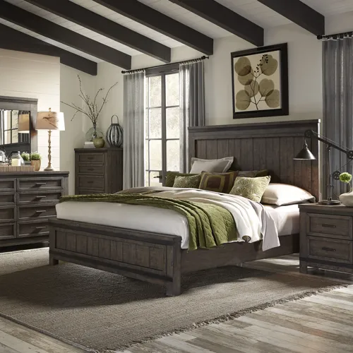 Thornwood Hills King California Panel Bed, Dresser & Mirror, Night Stand