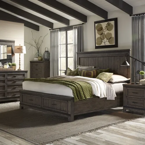 Thornwood Hills Queen Two Sided Storage Bed, Dresser & Mirror, Night Stand