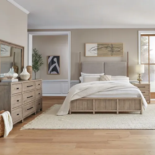 Proximity Place King California Poster Bed, Dresser & Mirror, Night Stand