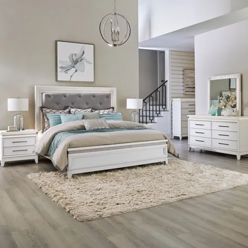 Reflections King California Uph Bed, Dresser & Mirror, Chest, Night Stand