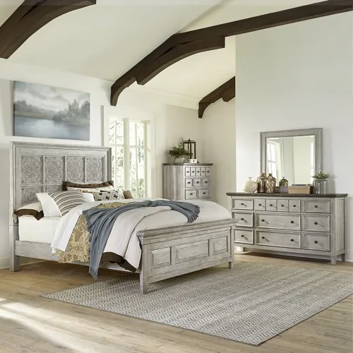 Heartland King Opt Panel Bed, Dresser & Mirror, Chest