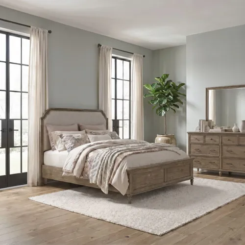Hickory Grove King California Uph Bed, Dresser & Mirror