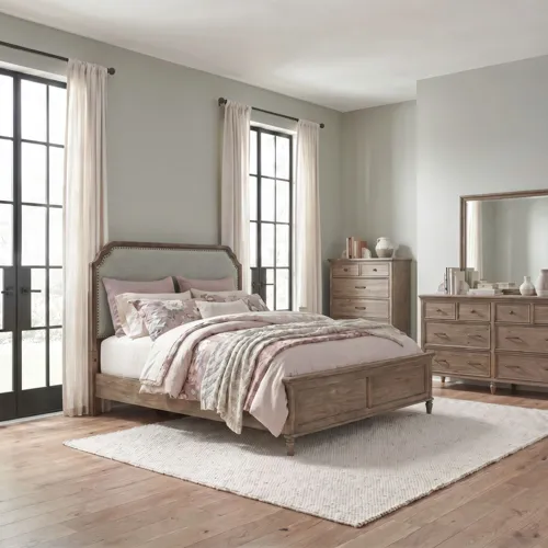 Hickory Grove King California Uph Bed, Dresser & Mirror, Chest