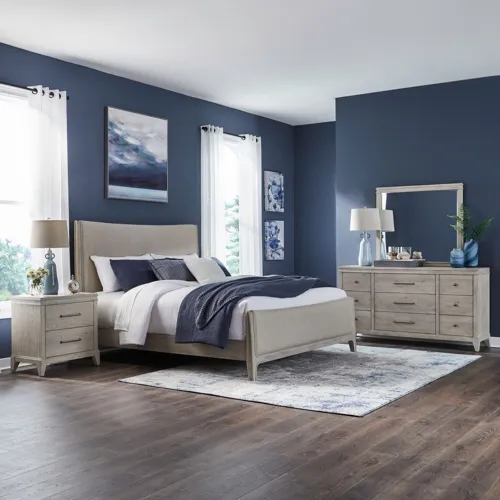 New Haven King Uph Bed, Dresser & Mirror, Night Stand
