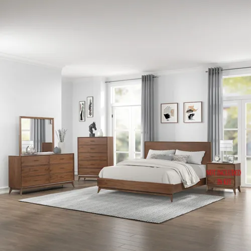 Century Modern Queen Platform Bed, Dresser & Mirror, Chest