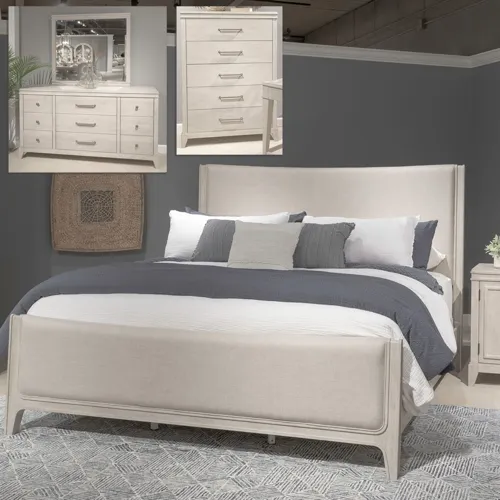 New Haven King California Uph Bed, Dresser & Mirror, Chest