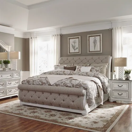 Magnolia Manor King California Upholstered Sleigh Bed, Dresser & Mirror, Night Stand