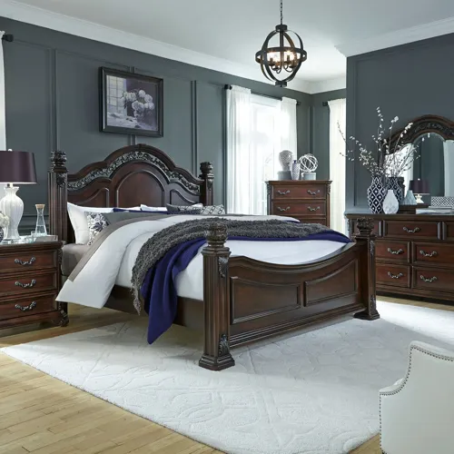 Messina Estates King California Poster Bed, Dresser & Mirror, Night Stand