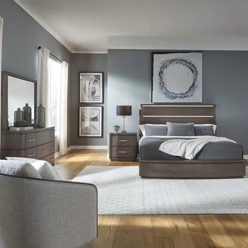 Cascade Falls King Panel Bed, Dresser & Mirror, Night Stand