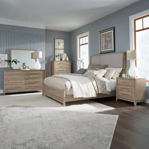 Brentwood Queen Uph Bed, Dresser & Mirror, Chest, Night Stand