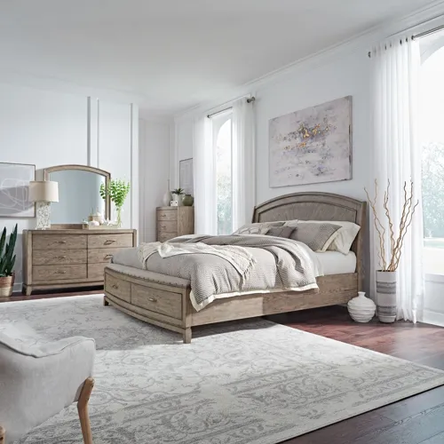 Avalon Queen Panel Storage Bed, Dresser & Mirror, Chest