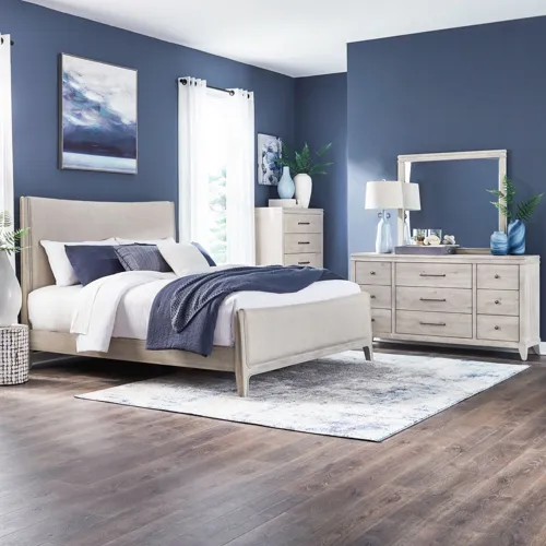 New Haven King Uph Bed, Dresser & Mirror, Chest