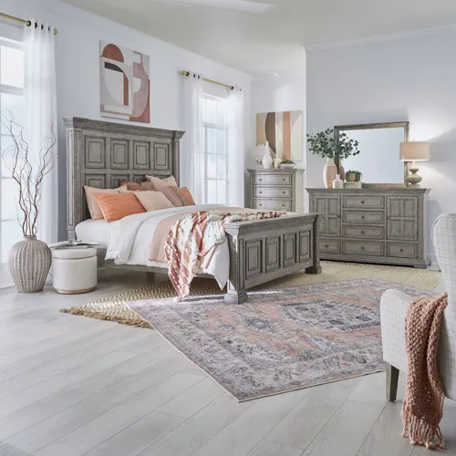Big Valley King California Panel Bed, Dresser & Mirror, Chest