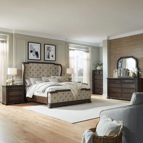 Provence Park Queen Shelter Bed, Dresser & Mirror, Chest, Night Stand