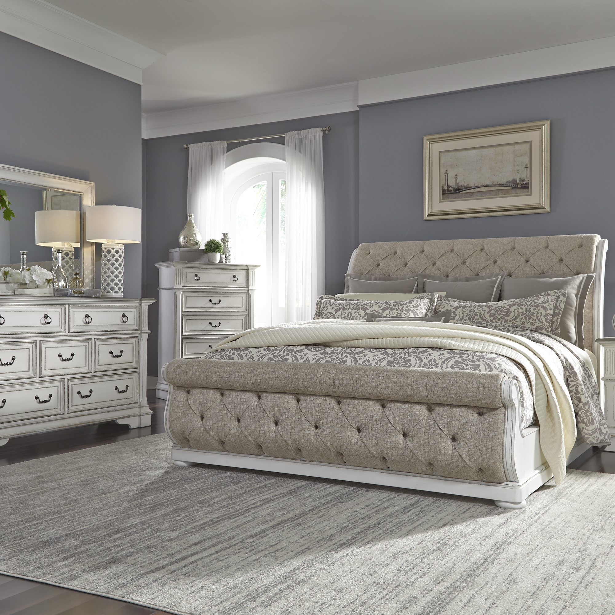 Abbey Park King California Sleigh Bed, Dresser & Mirror, Chest
