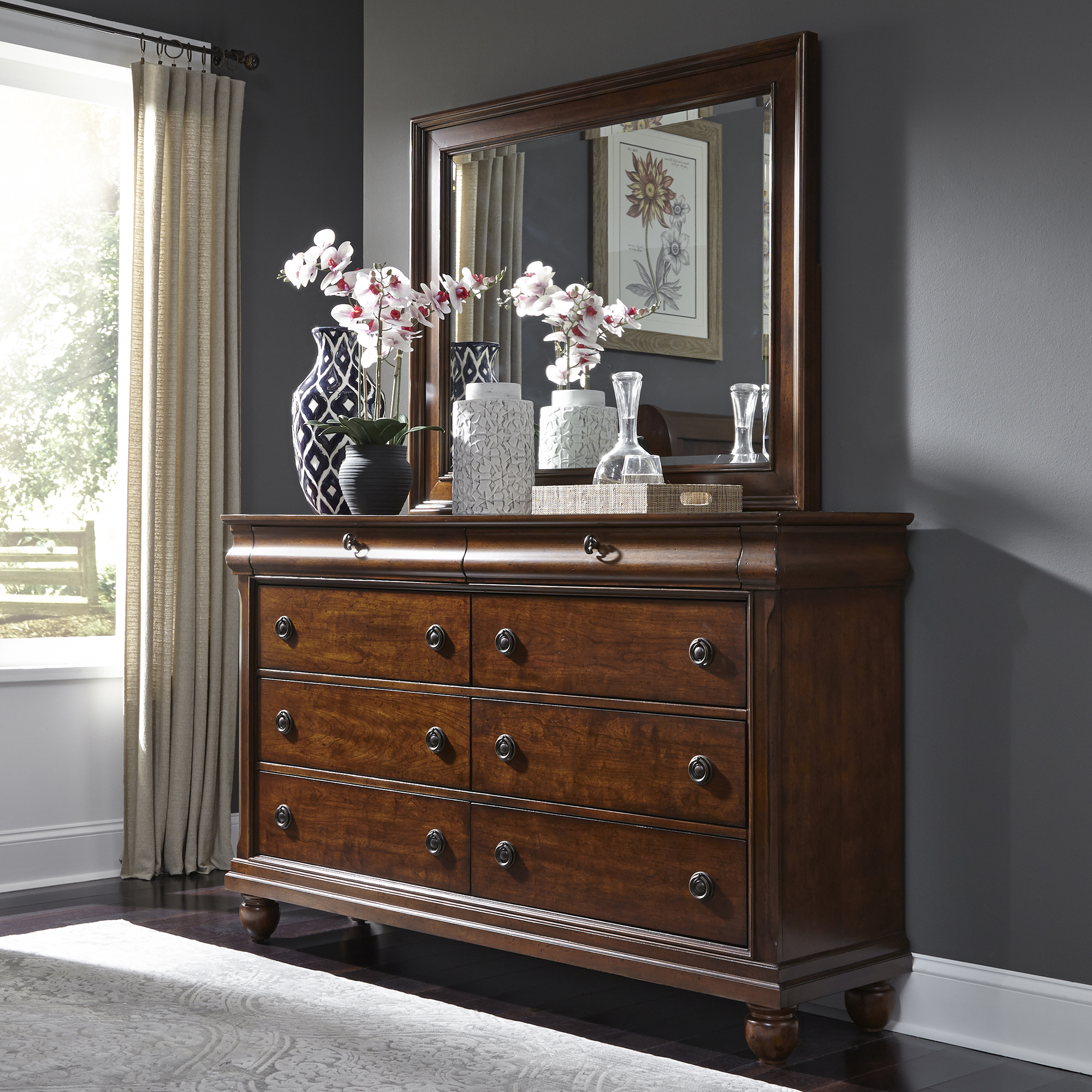 Rustic Traditions King California Sleigh Bed, Dresser & Mirror, Chest by Samuel Frederick