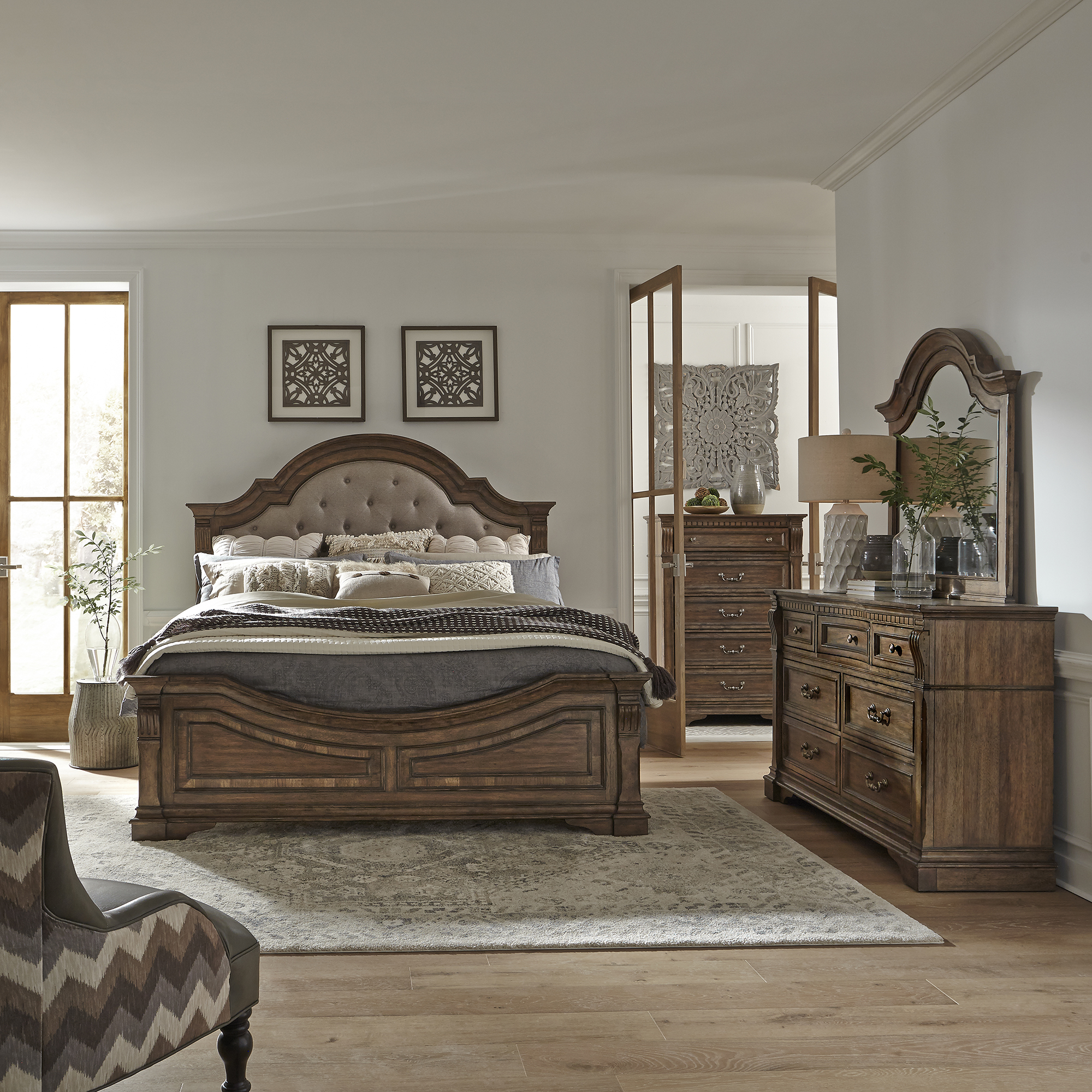 Haven Hall Opt Queen Panel Bed, Dresser & Mirror, Chest by Samuel Frederick Furniture