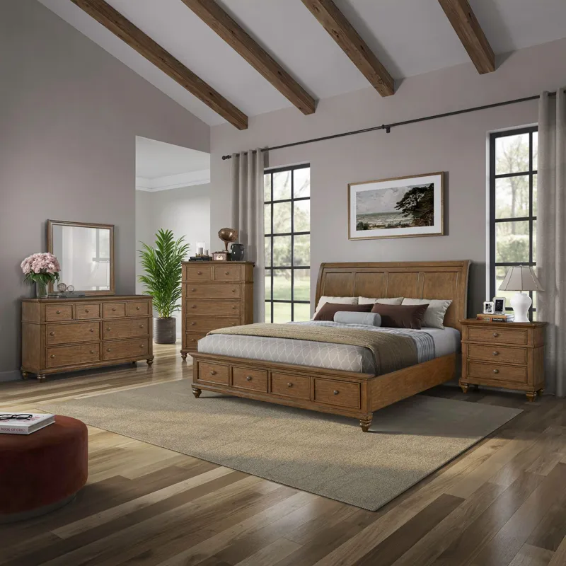 Twin Lakes King Storage Bed, Dresser & Mirror, Chest, Night Stand
