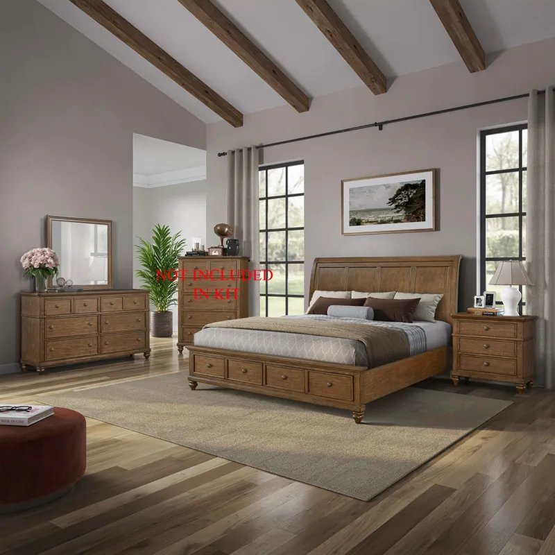 Twin Lakes King Storage Bed, Dresser & Mirror, Night Stand