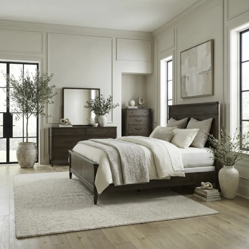 Wesley Hall King Panel Bed, Dresser & Mirror, Chest