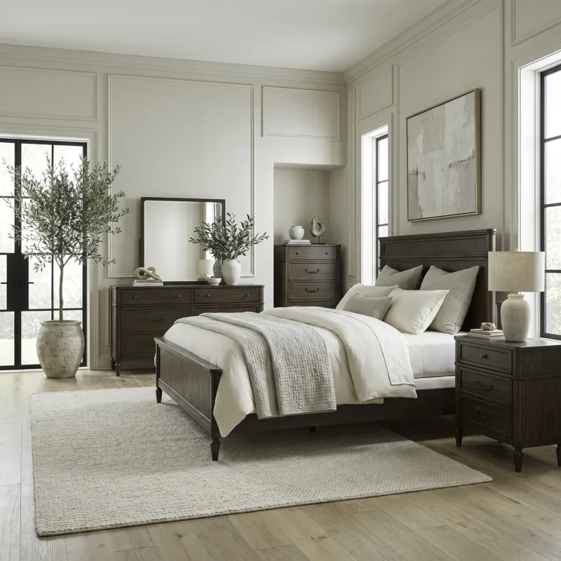 Wesley Hall King Panel Bed, Dresser & Mirror, Chest, Night Stand