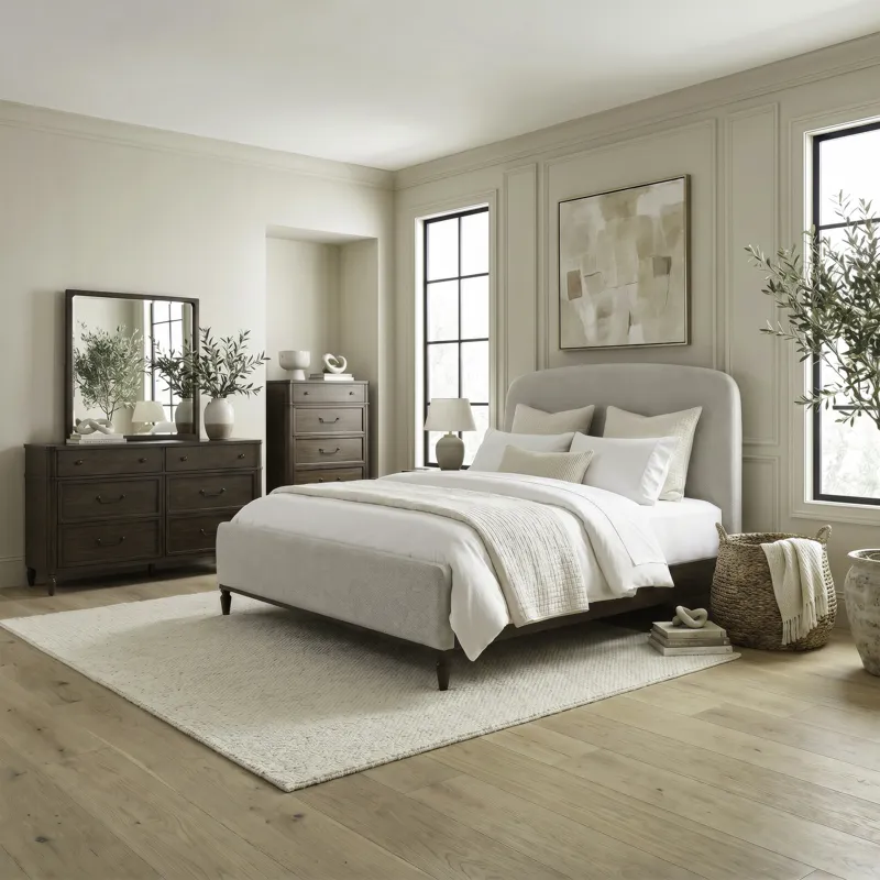Wesley Hall King Uph Bed, Dresser & Mirror, Chest