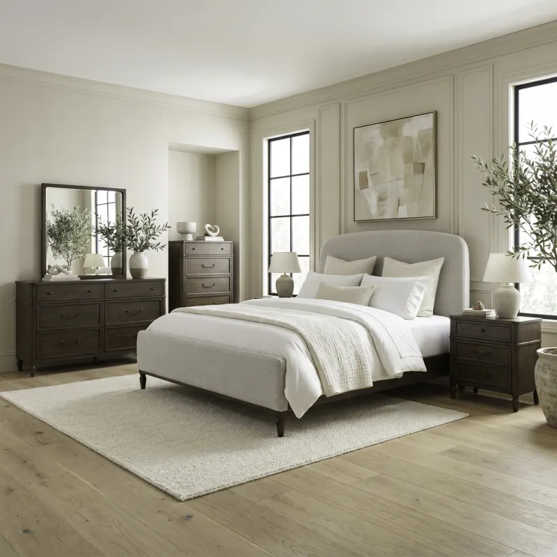 Wesley Hall King Uph Bed, Dresser & Mirror, Chest, Night Stand