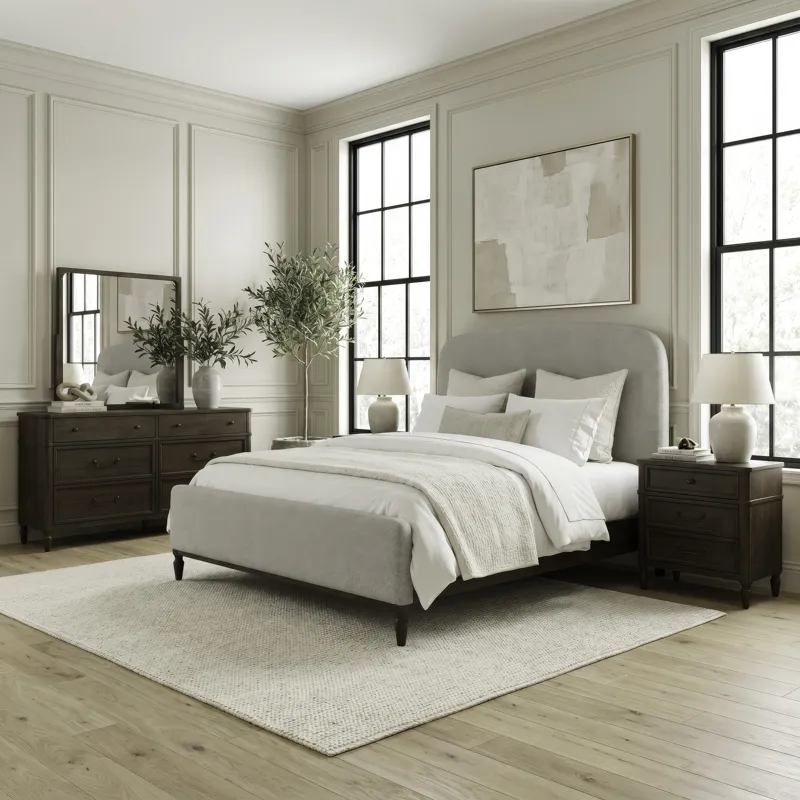 Wesley Hall Queen Uph Bed, Dresser & Mirror, Night Stand