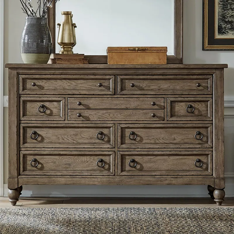 Americana Farmhouse Queen Sleigh Bed, Dresser & Mirror, Nightstand