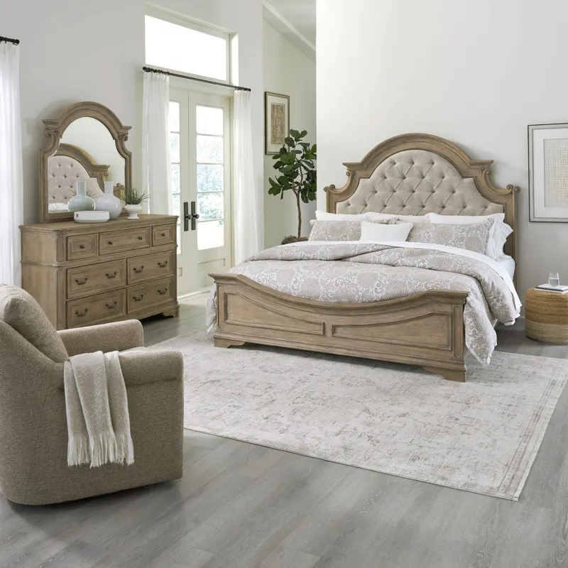 Magnolia Manor King California Uph Bed, Dresser & Mirror