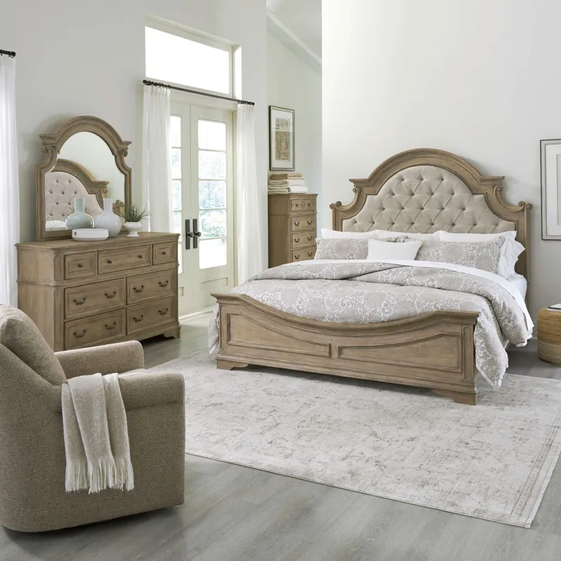 Magnolia Manor King California Uph Bed, Dresser & Mirror, Chest