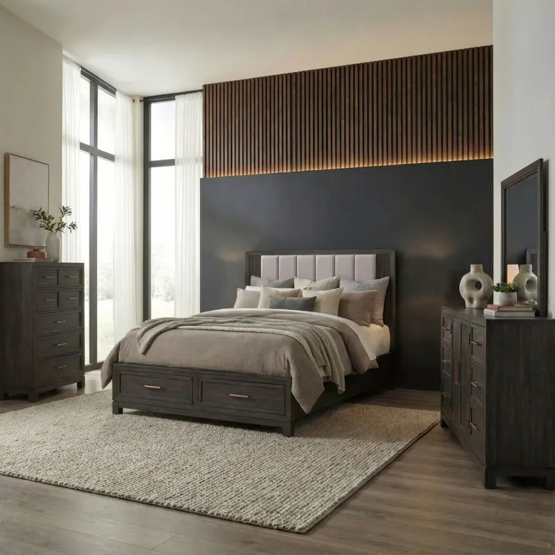Modern Edge King Storage Bed, Dresser & Mirror, Chest
