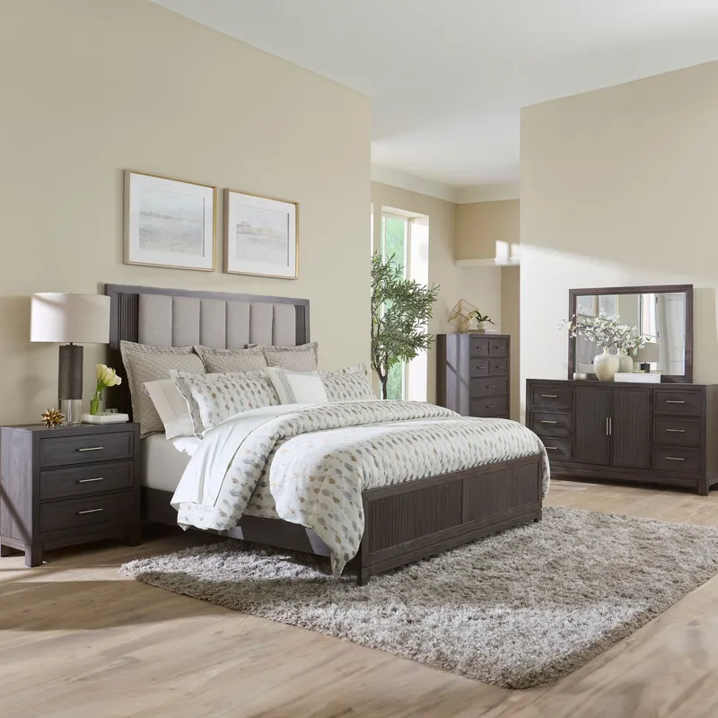 Modern Edge Opt Queen Uph Bed, Dresser & Mirror, Chest, Night Stand