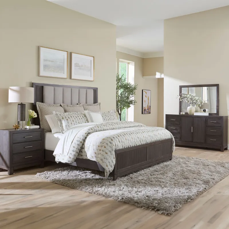 Modern Edge Opt Queen Uph Bed, Dresser & Mirror, Night Stand
