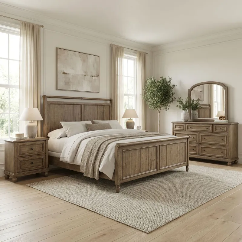 Homestead Haven Queen Sleigh Bed, Dresser & Mirror, Night Stand