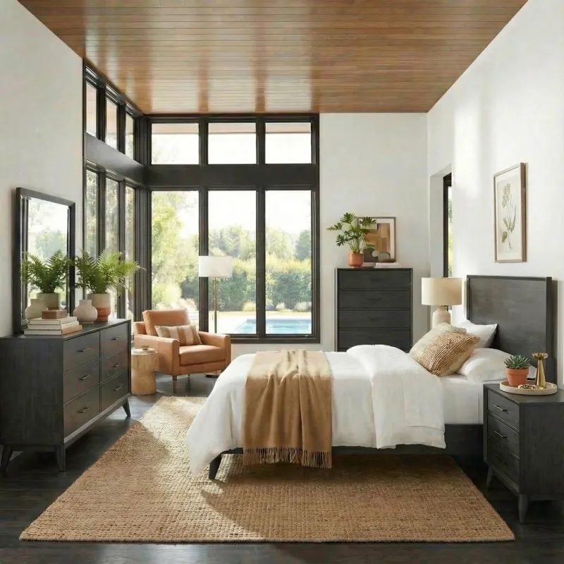 Century Modern Queen Platform Bed, Dresser & Mirror, Chest, Night Stand