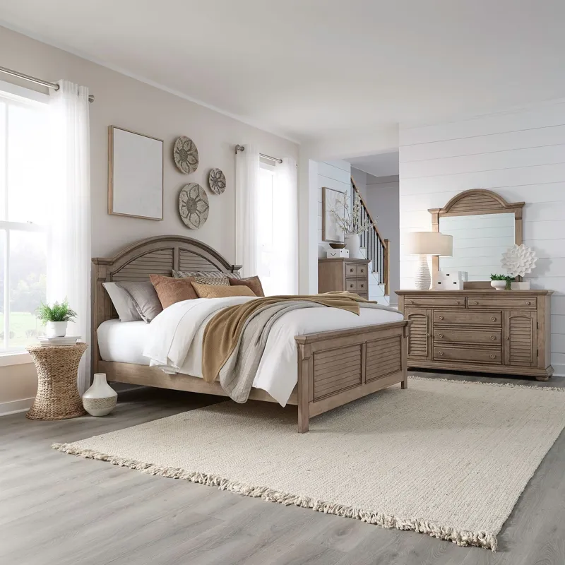 Summer House Queen Panel Bed, Dresser & Mirror, Chest