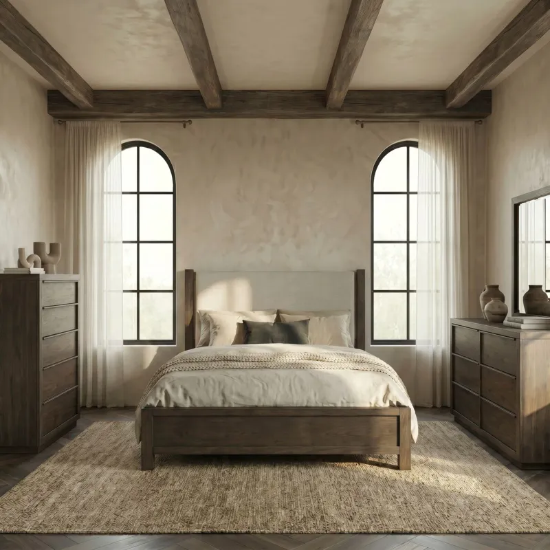 Stillwater Queen Uph Bed, Dresser & Mirror, Chest