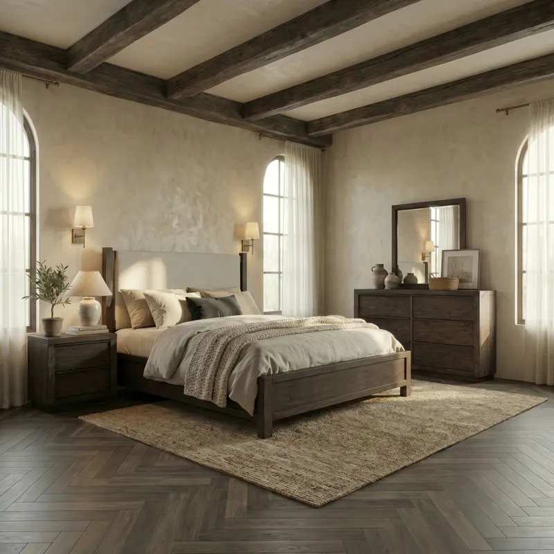 Stillwater Queen Uph Bed, Dresser & Mirror, Night Stand