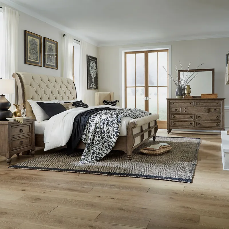 Americana Farmhouse Queen Sleigh Bed, Dresser & Mirror, Nightstand
