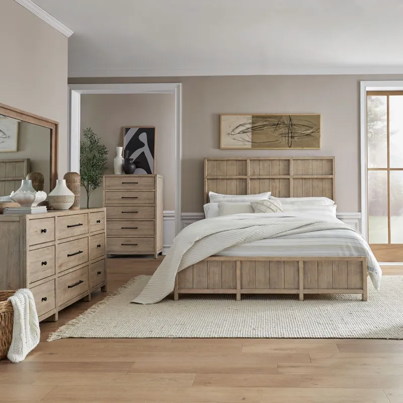 Proximity Place King California Panel Bed, Dresser & Mirror, Chest